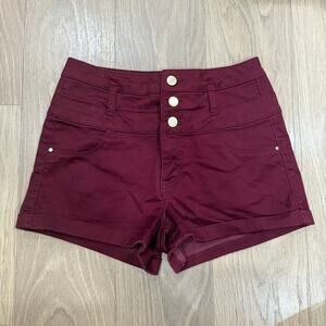 Refuge Women’s High-Waisted 3-Button Shorts – Burgundy Stretch Denim Size 2
